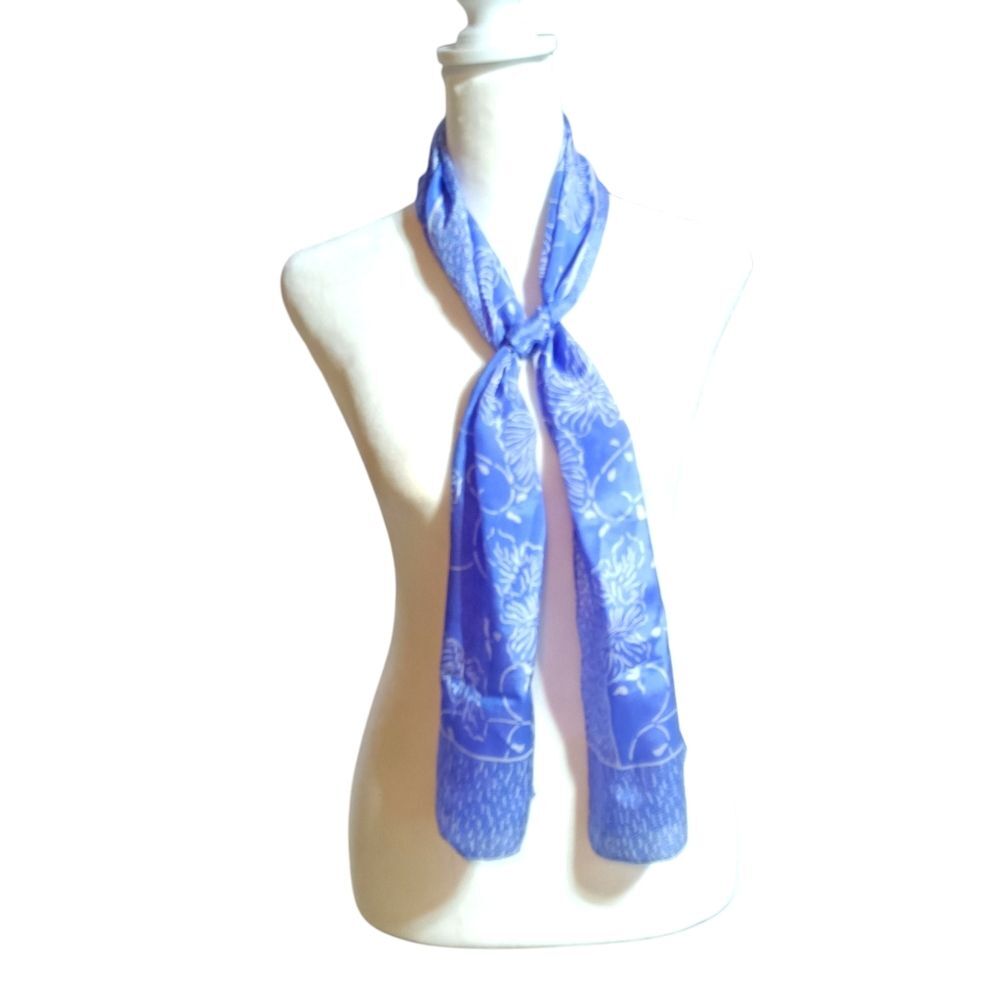 Vintage Silk Blue Floral Scarf 11"X52" Long Rectangle